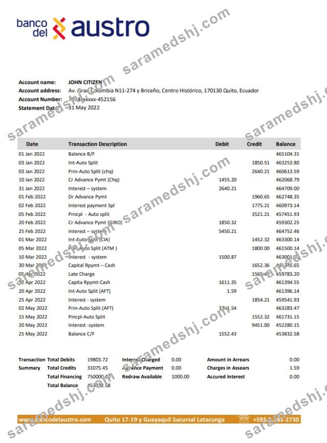 Ecuador Banco del Austro bank statement